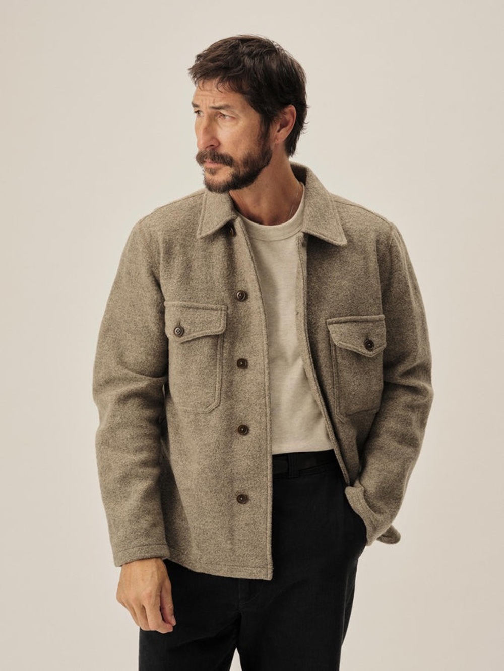 Buck Mason felted field shirt jacket size large in heather stone merino wool
